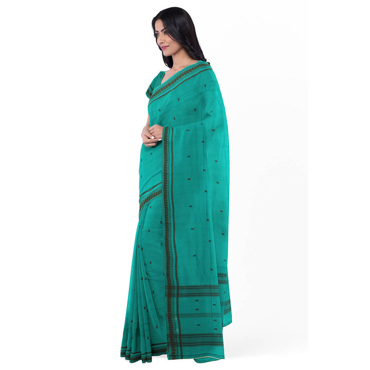 Teal green handloom cotton bandar saree