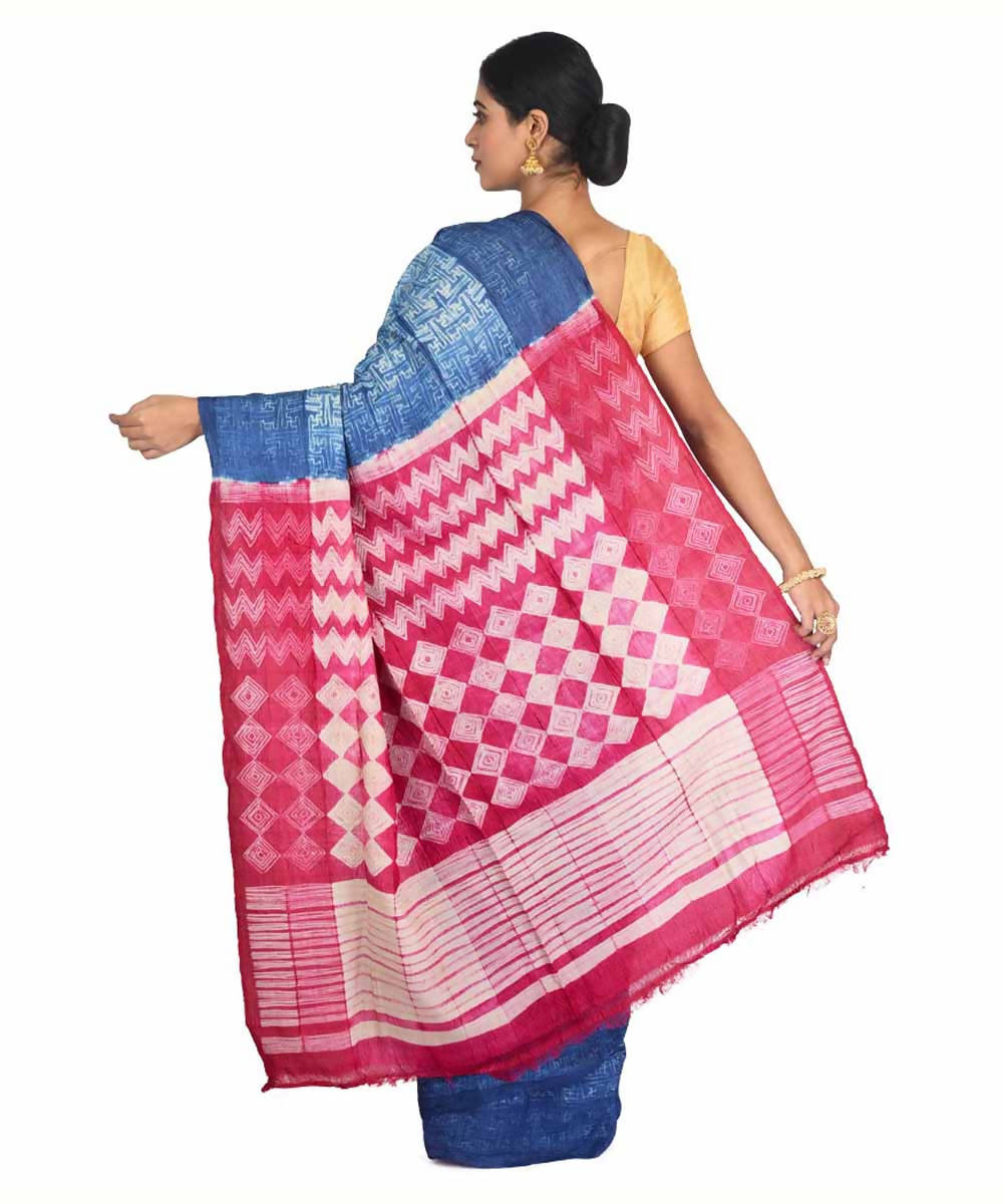 Blue and pink shibori handwoven tussar silk saree