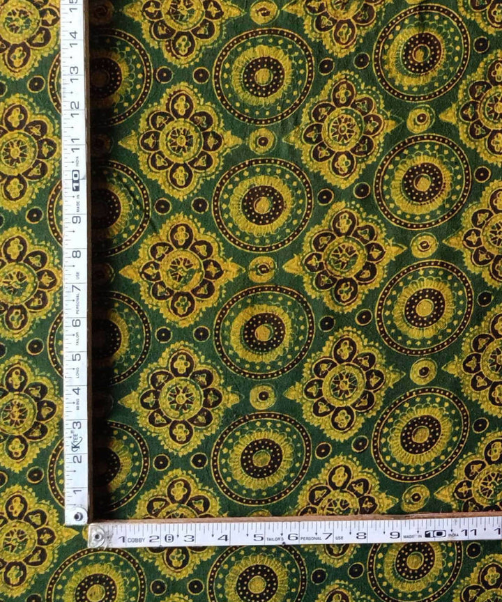 2.5m Green yellow natural dye ajrakh print handspun handwoven cotton kurta fabric