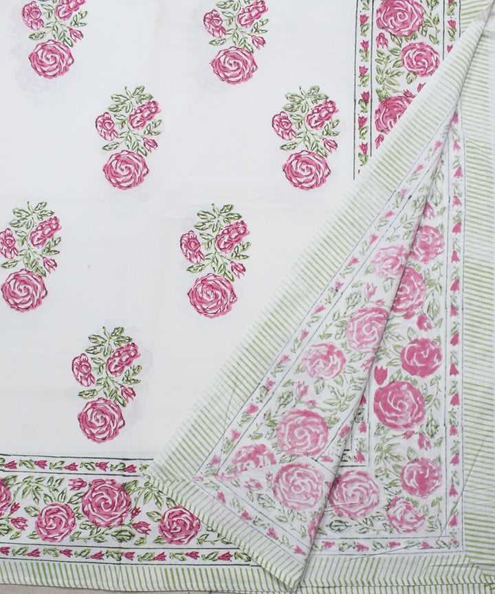 White pink cotton hand block print floral bedsheet