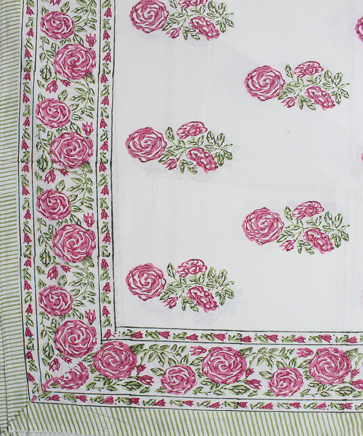 White pink cotton hand block print floral bedsheet