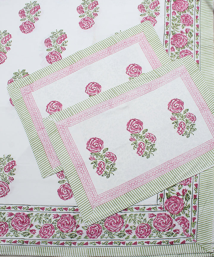 White pink cotton hand block print floral bedsheet