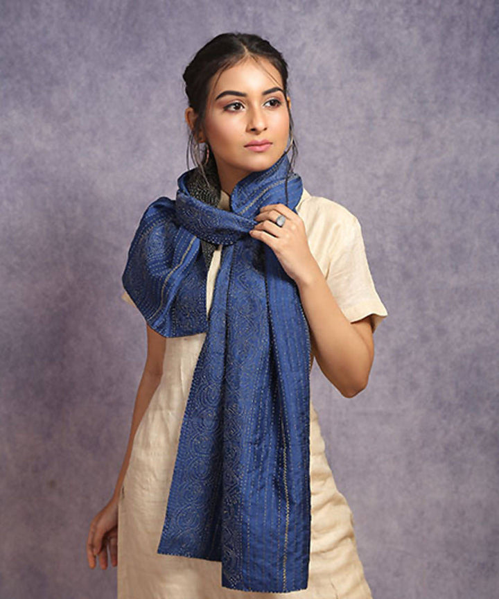 Navy blue black hand embroidery reversible silk stole