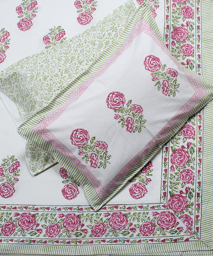 White pink cotton hand block print floral bedsheet