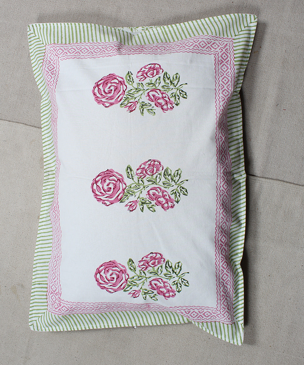 White pink cotton hand block print floral bedsheet