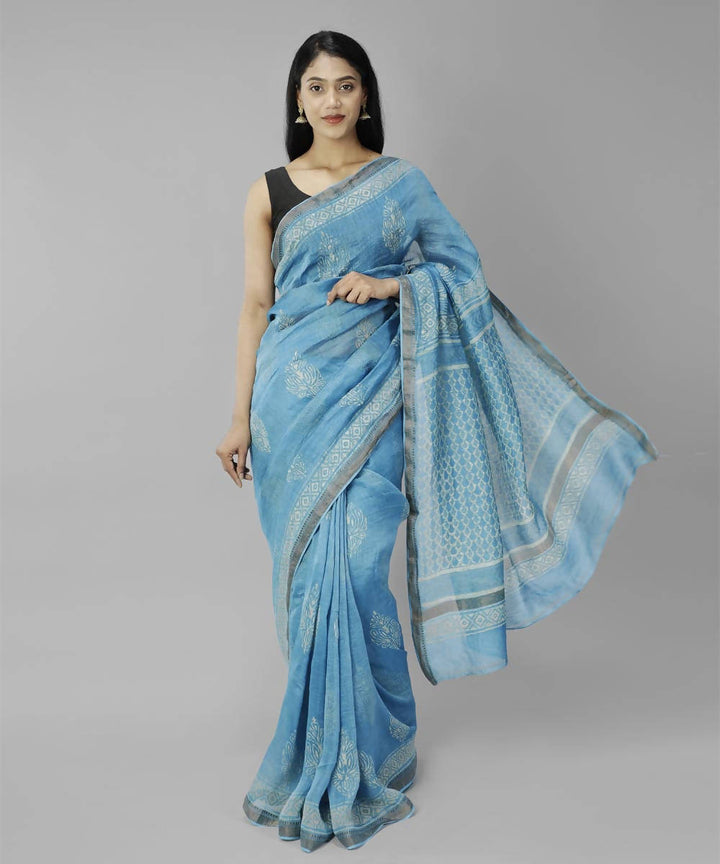Deep sky blue bagru handblock printed linen saree