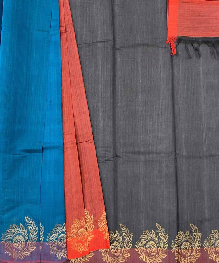Blue orange grey handwoven plain tussar silk saree