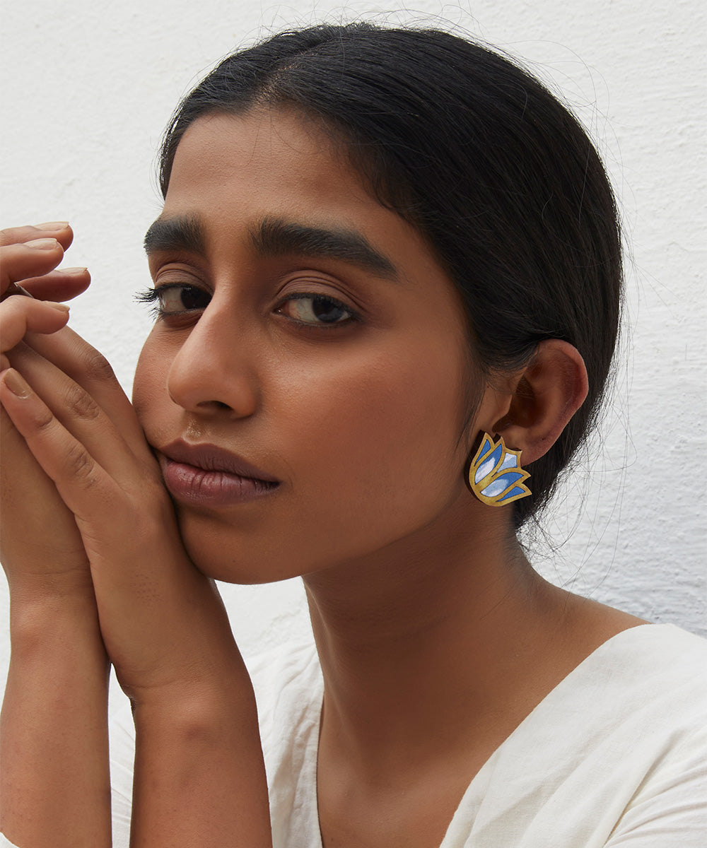 Handcrafted indigo lotus fabric and wood stud earring