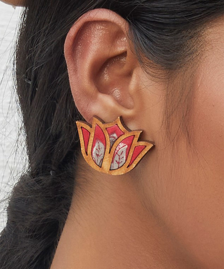 Handcrafted red lotus fabric and wood stud earring