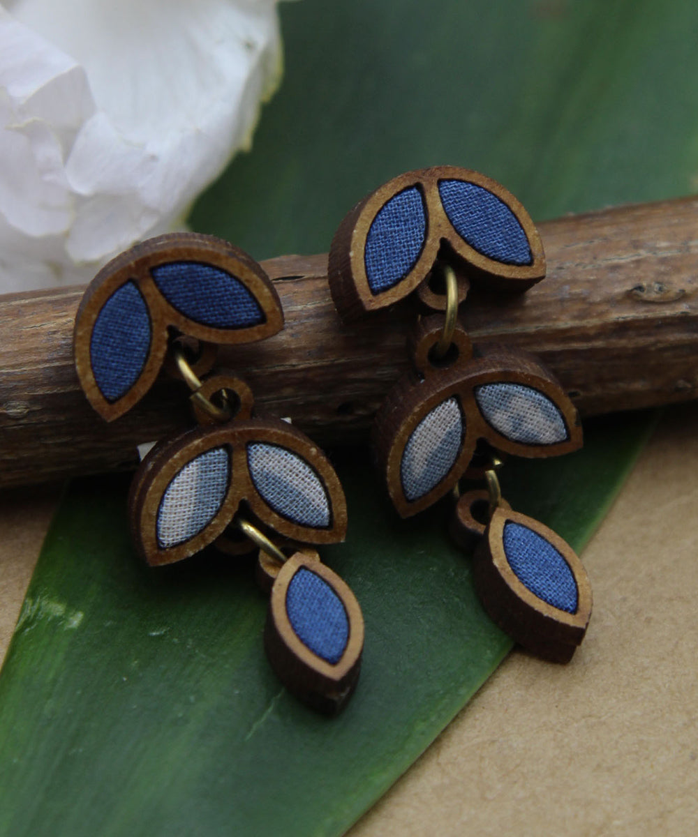 Handcrafted blue white leaf motif fabric wood dangler earring