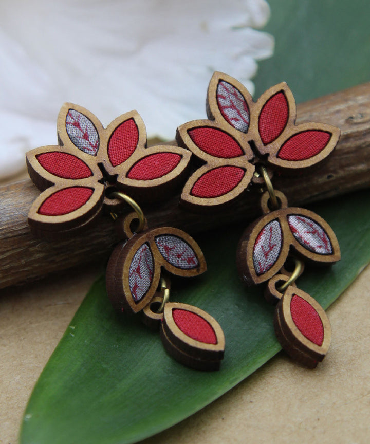 Handcrafted red grey leaf motif fabric and wood earring