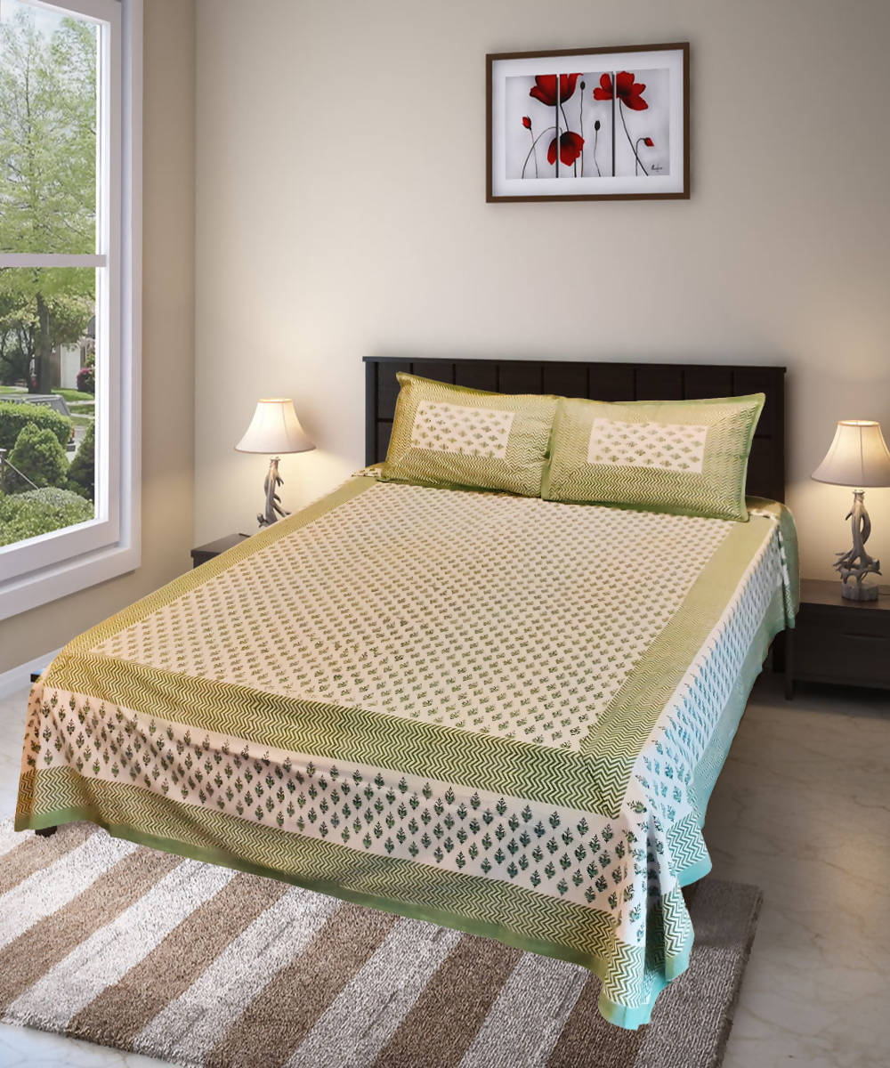 Green off white hand block printed cotton bedsheet with pillow cover