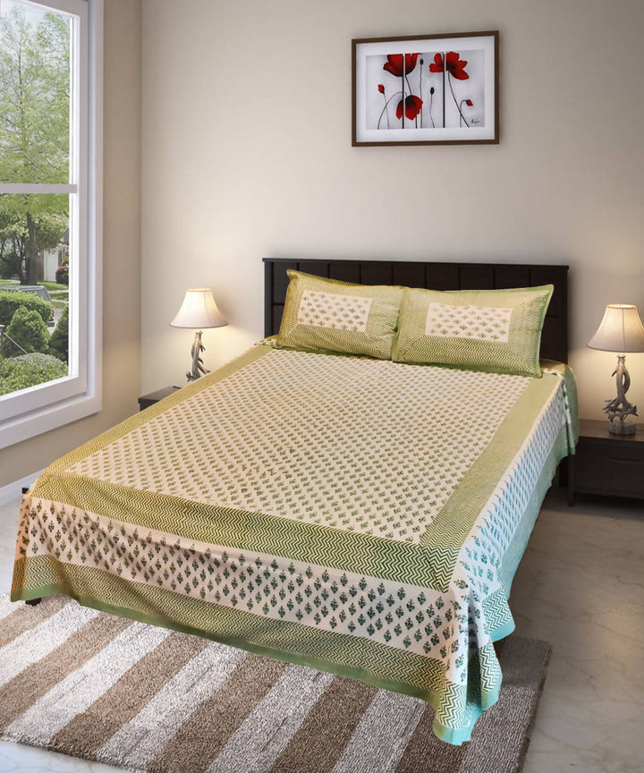 Green off white hand block printed cotton bedsheet with pillow cover