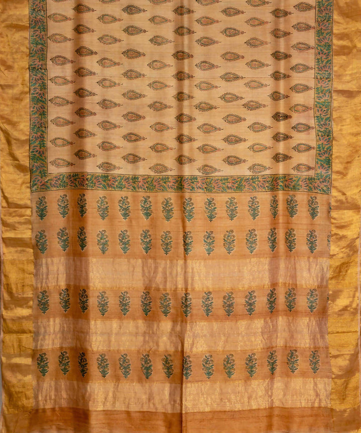 Beige Handwoven Handblock Dabu Printed Pure Tussar Silk Saree