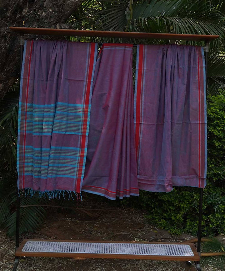 Blue Brown red double shade Cotton Handwoven mangalagiri saree