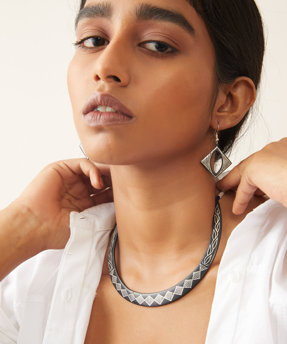 Handcrafted black silver inlay bidri necklace