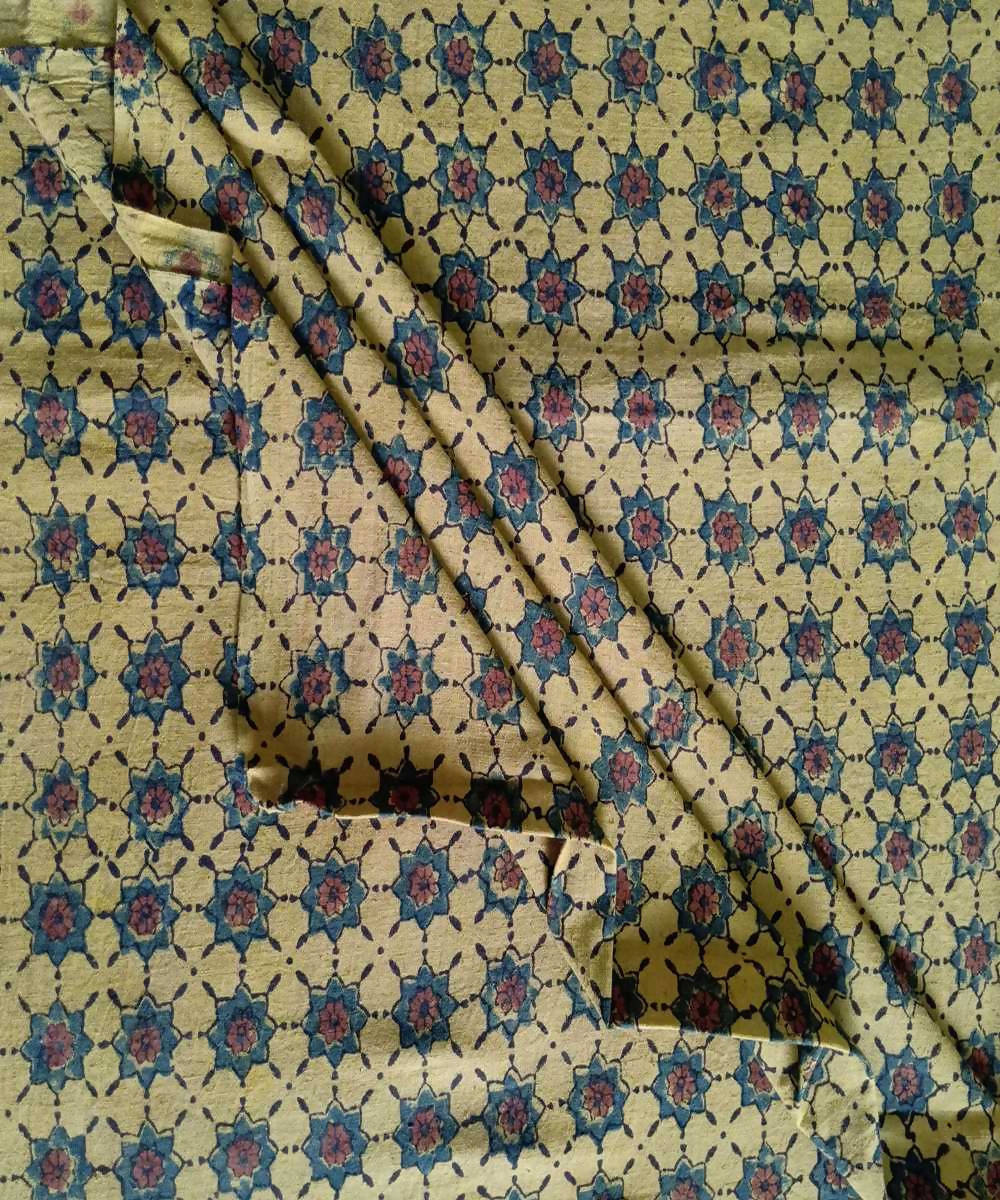 Yellow natural dye ajrakh block print handspun handloom cotton fabric