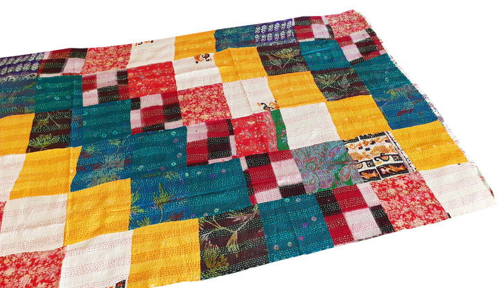 Multicolor Patchwork hand stitched reversible kantha silk shawl