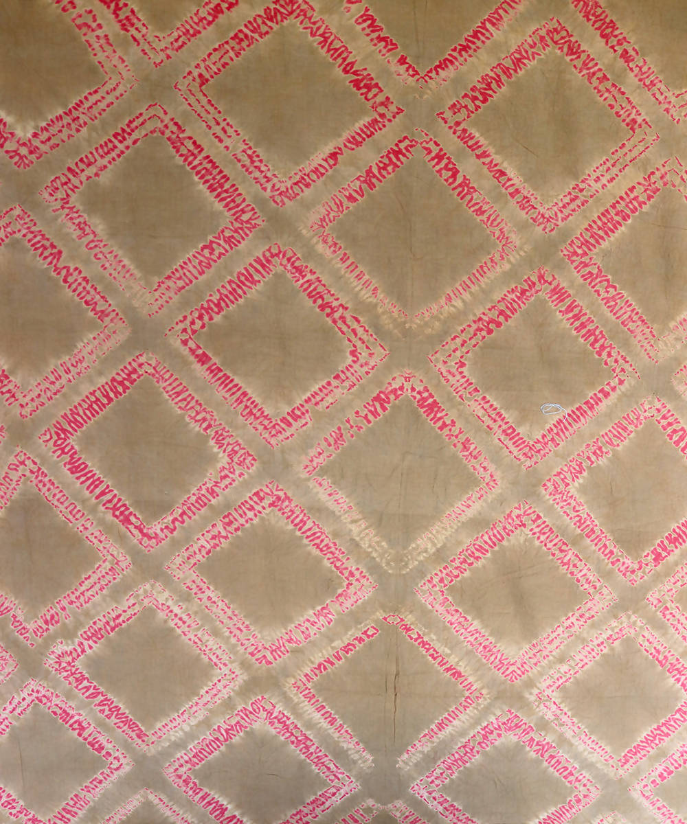 Yellow brown and pink shibori tie dye printed cotton fabric
