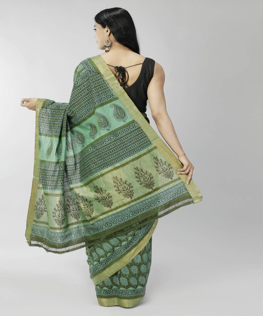 Dark green bagru handblock printed cotton saree