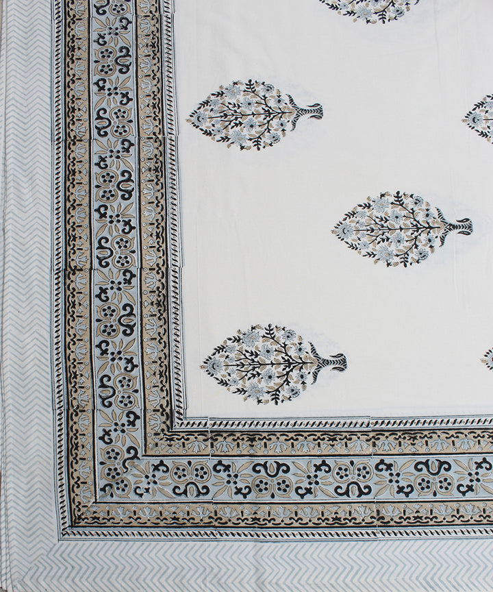 White grey cotton hand block print bedsheet