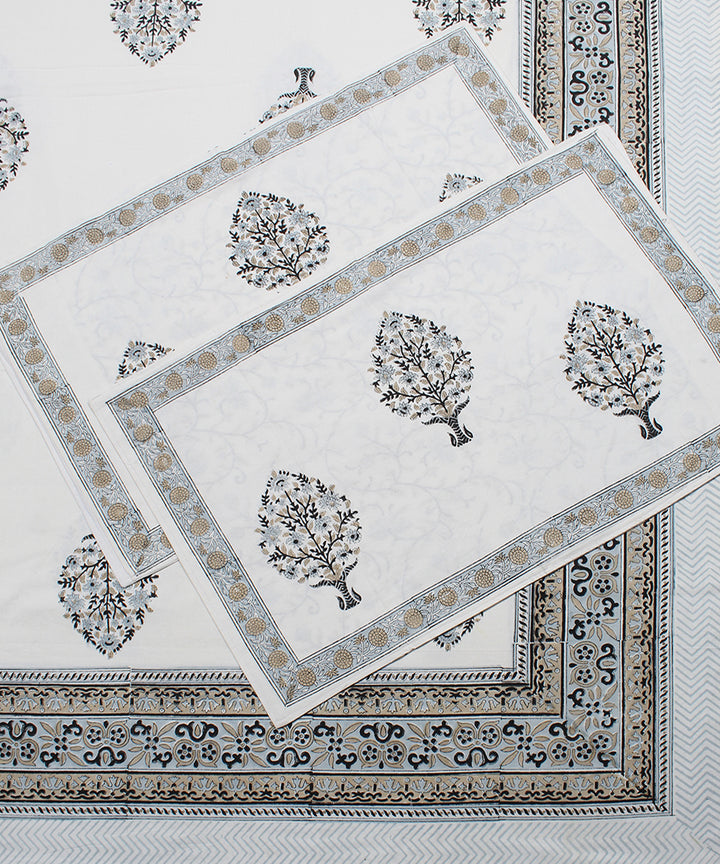 White grey cotton hand block print bedsheet