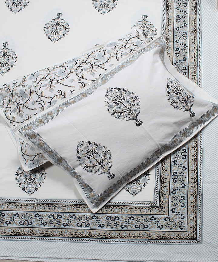 White grey cotton hand block print bedsheet