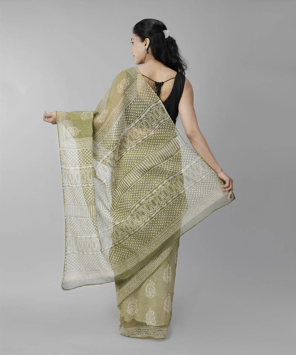 Olive green bagru handblock printed cotton saree