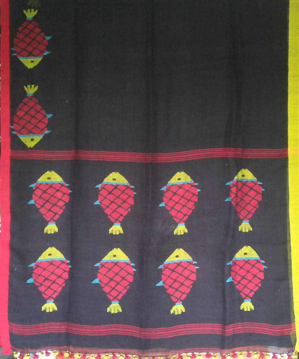 Black brown handwoven linen saree