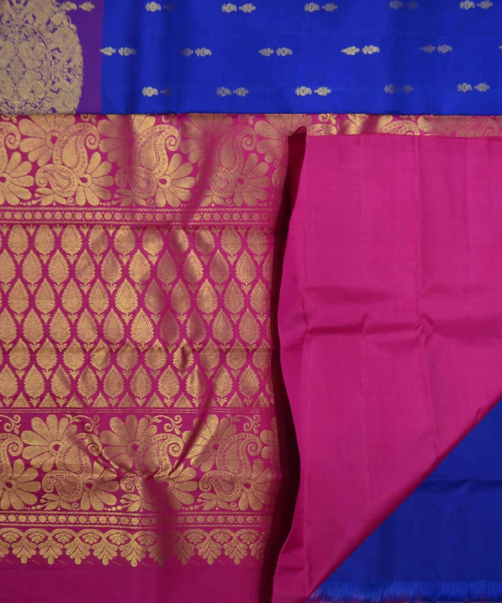 Royal Blue Pink Handloom Floral Motif Dharmavaram Silk Saree