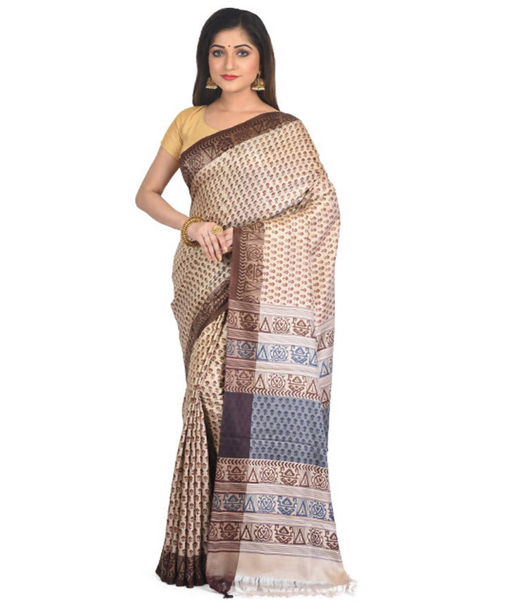 Beige hand block printed eri silk saree