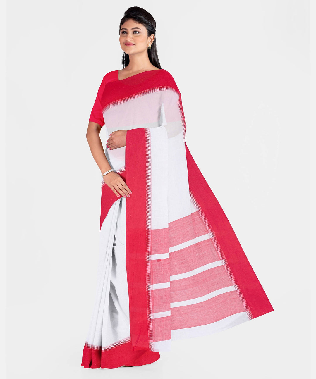 Biswa bangla handwoven white mercerised cotton saree