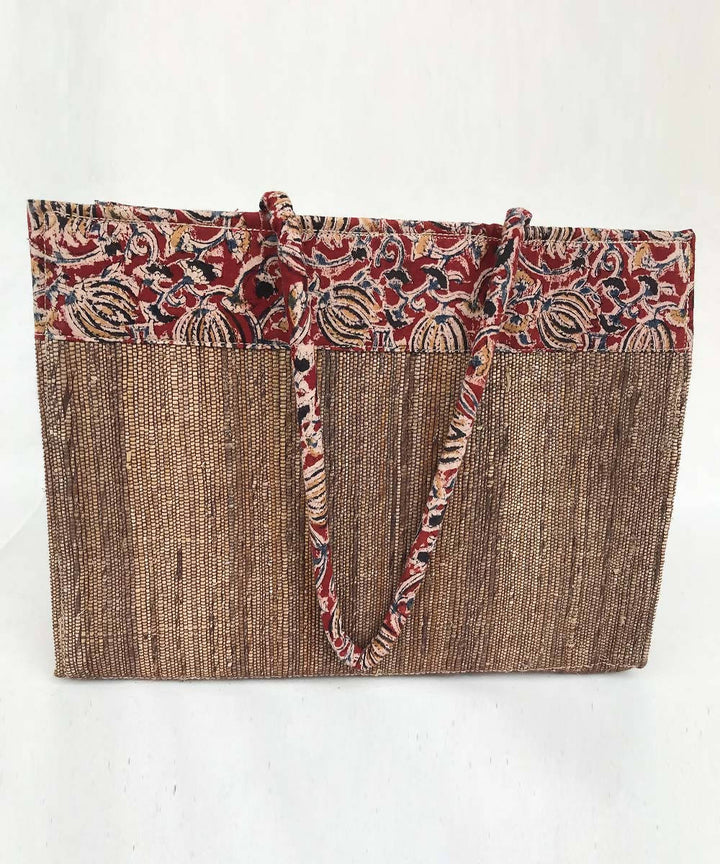 Brown and red kalamkari panel handmade banana fibre tote bag