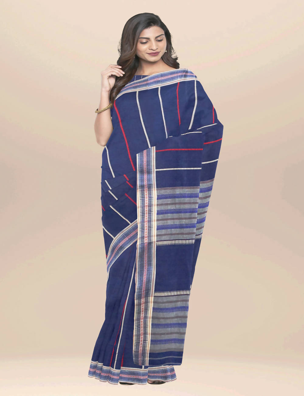 Navy blue dhonekhali handwoven cotton saree