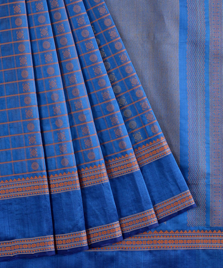 Peacock blue Kanjivaram silk cotton thread work checks butta saree