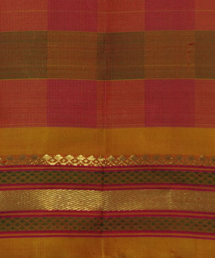 Kanchi Handwoven Pink Green Checks Silk Saree