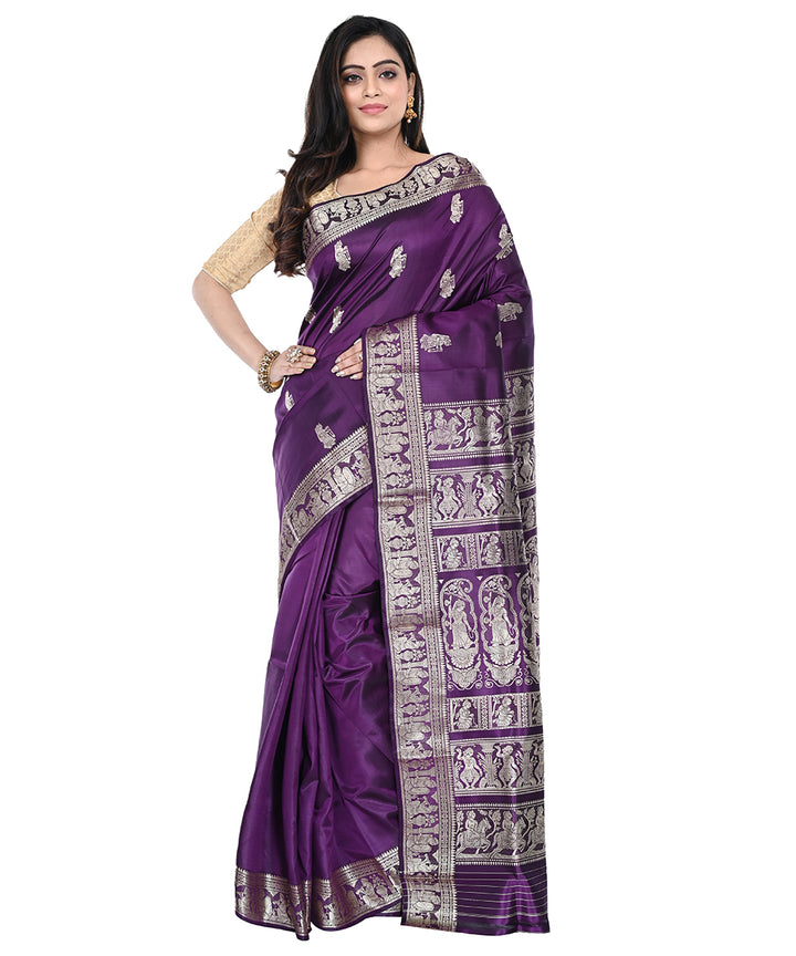 Violet silver zari handwoven silk baluchari saree