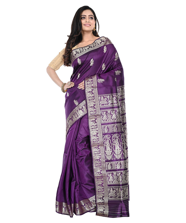 Violet silver zari handwoven silk baluchari saree