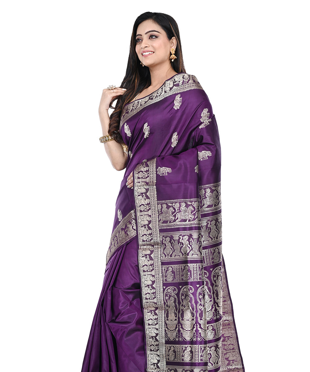 Violet silver zari handwoven silk baluchari saree