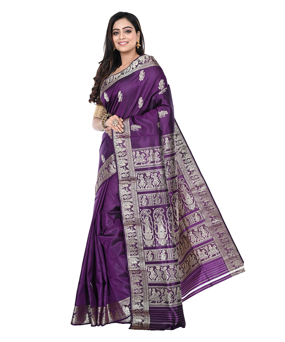 Violet silver zari handwoven silk baluchari saree