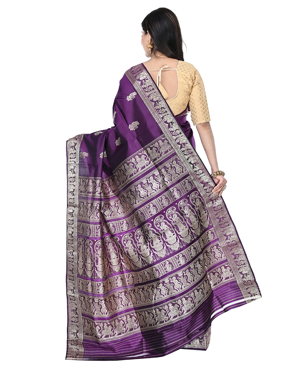 Violet silver zari handwoven silk baluchari saree
