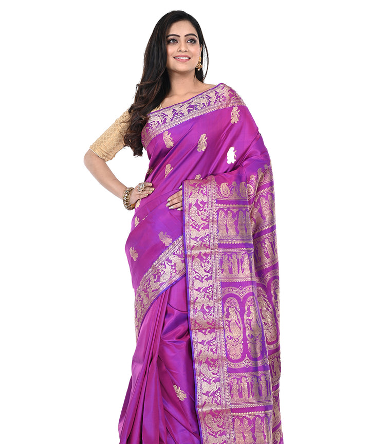 Purple silver zari handwoven silk baluchari saree