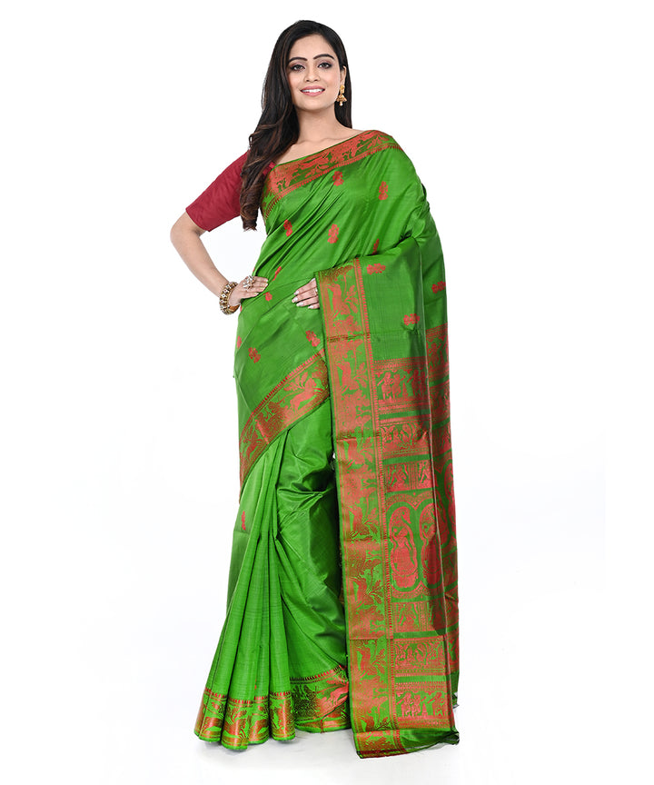Green and red handwoven silk baluchari saree