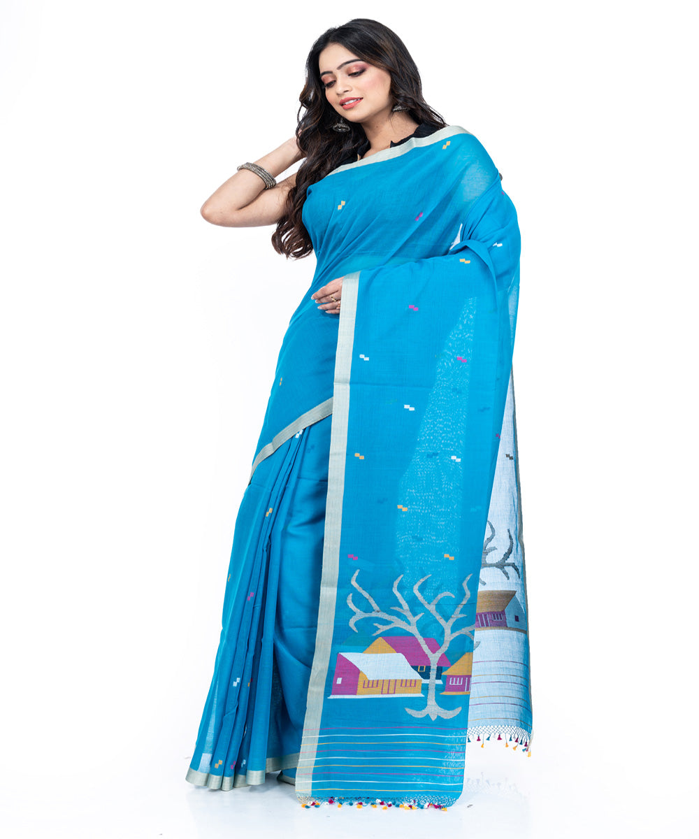 Sky blue cotton handwoven bengal saree