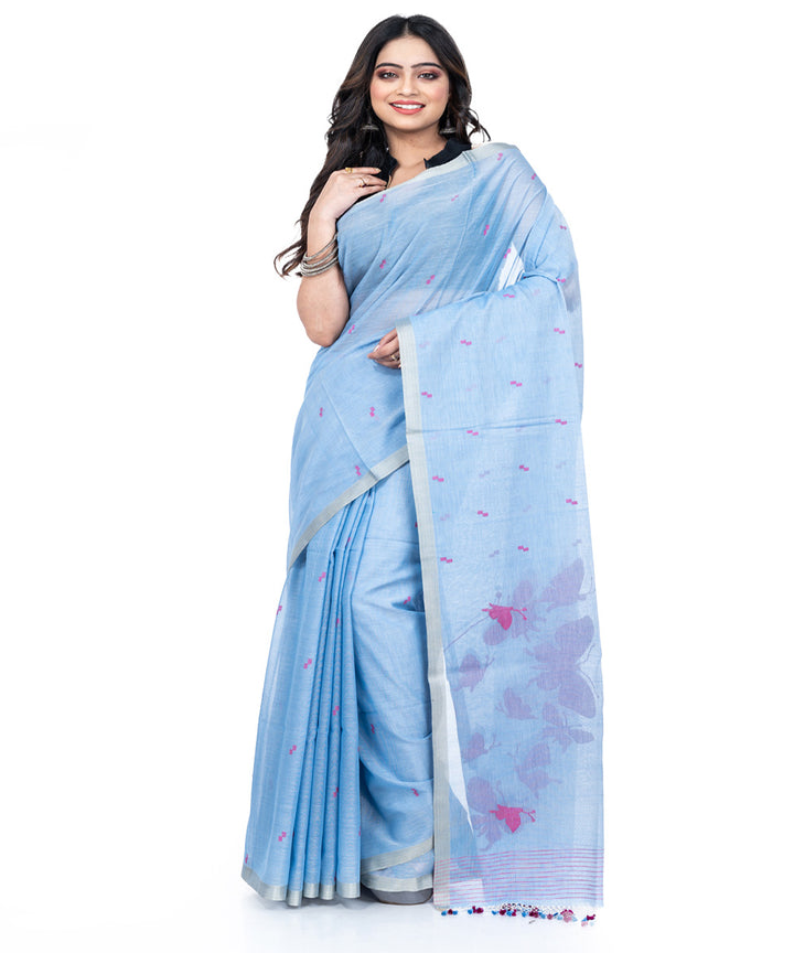 Pale blue cotton handwoven bengal saree