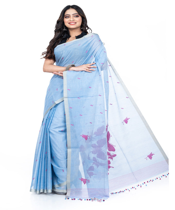 Pale blue cotton handwoven bengal saree
