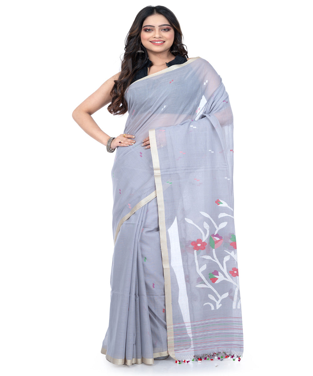 Bluish grey cotton handwoven bengal saree