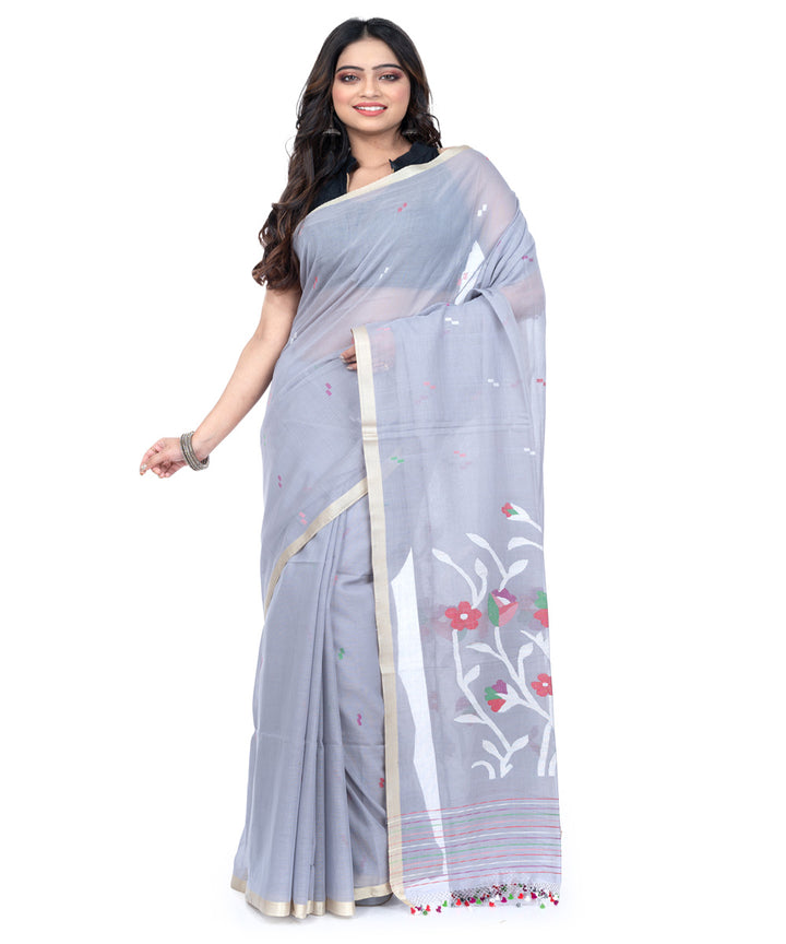 Bluish grey cotton handwoven bengal saree