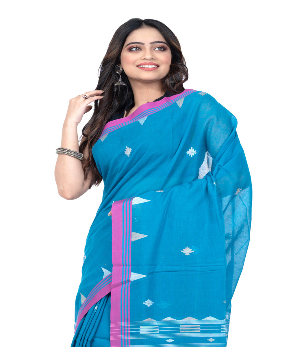 Sky blue pink cotton handwoven bengal saree