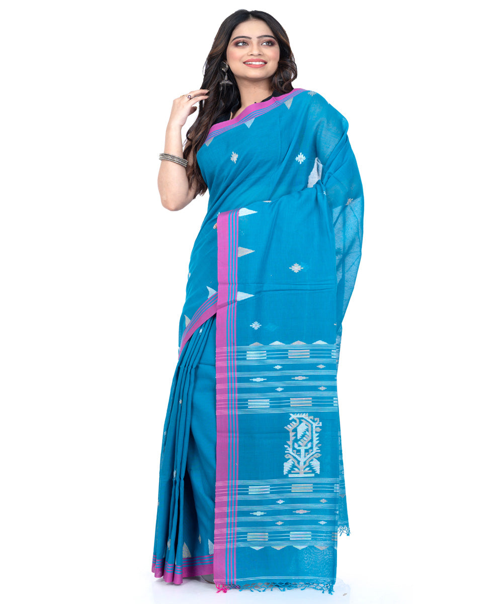 Sky blue pink cotton handwoven bengal saree